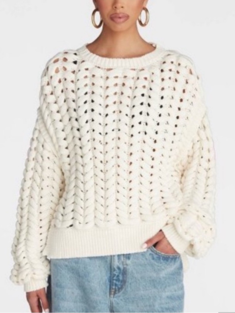 KBB by Kahlana NWT M Cream Chunky CABLE Knit THICK  Crew Sweater